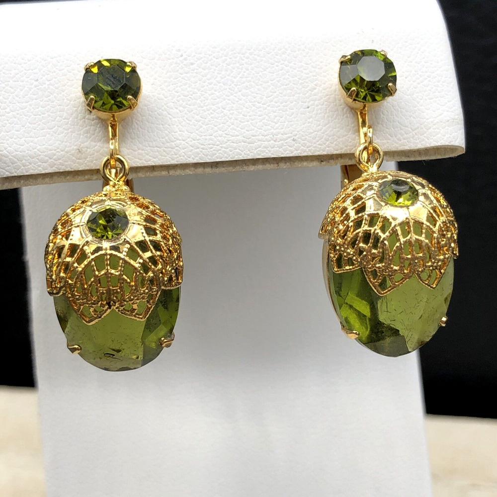 Vintage‎ Sarah Coventry Earrings TOUCH OF ELEGANCE 7326 Green Rhinestone Clip On